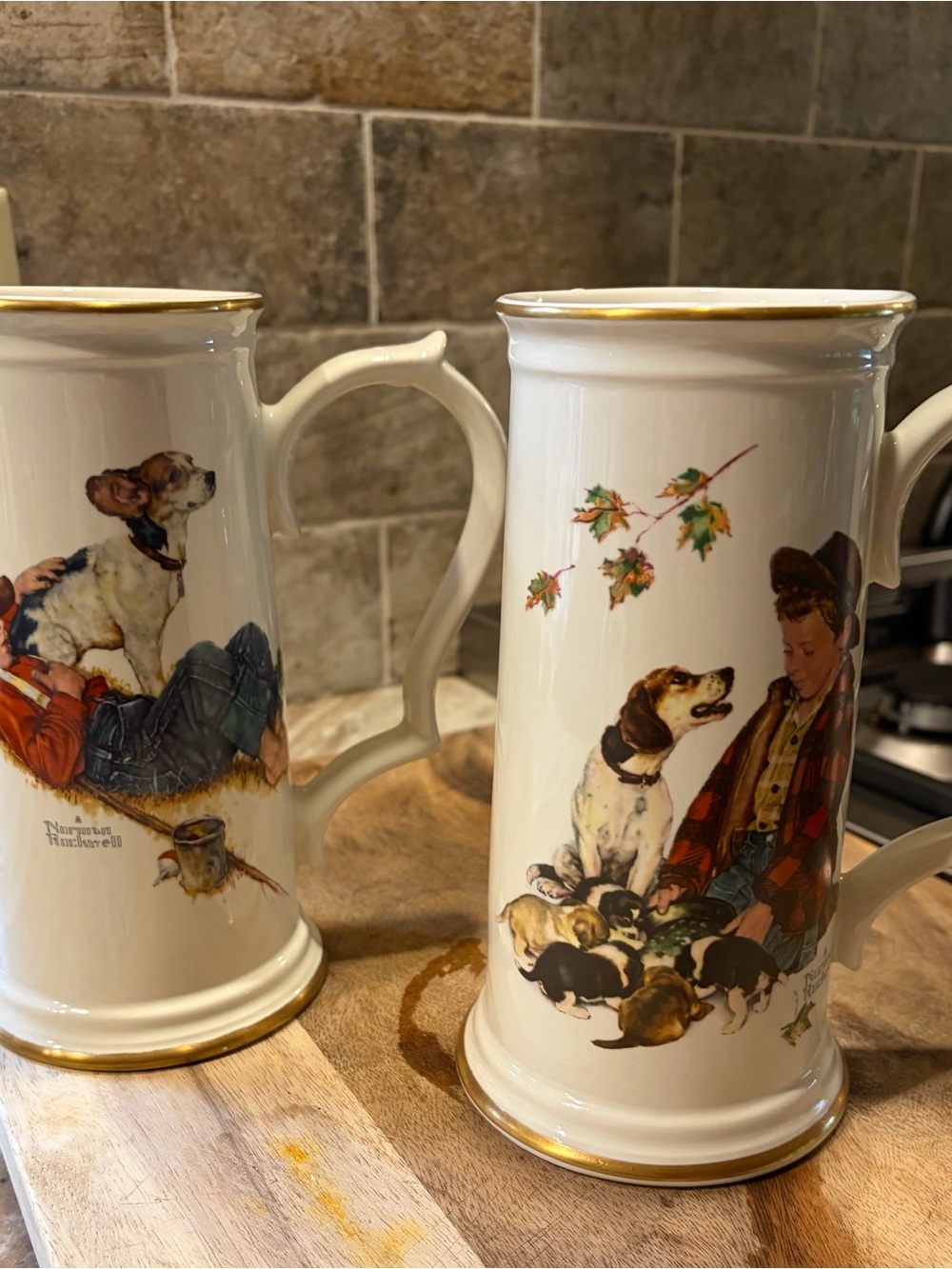 Norman Rockwell White Ceramic Mugs with Gold Trim and Boy & Dogs Illustration